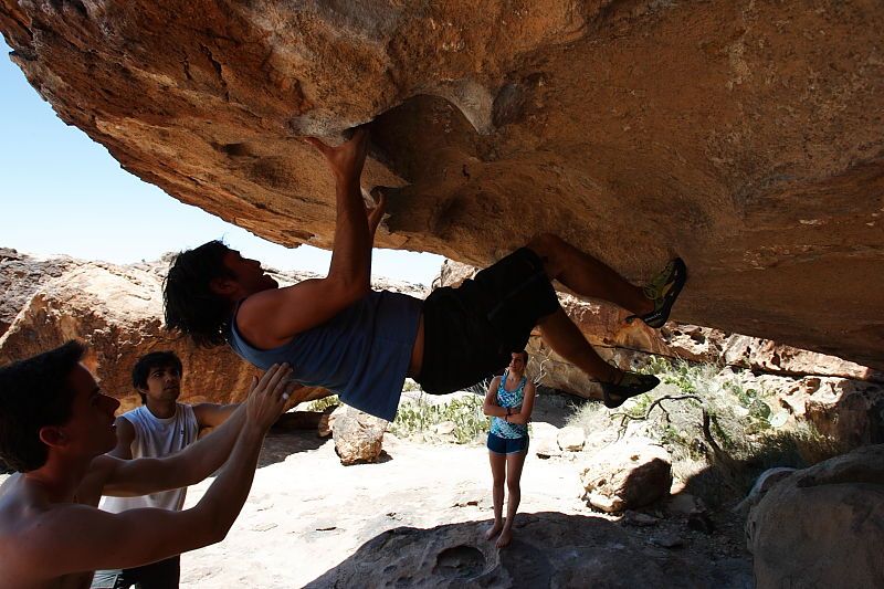 Javier Morales rock climbing in Hueco Tanks State Park and Historic Site during the Hueco Tanks Awesome Fest 2010 trip, Saturday, May 22, 2010.

Filename: SRM_20100522_14043059.JPG
Aperture: f/8.0
Shutter Speed: 1/320
Body: Canon EOS-1D Mark II
Lens: Canon EF 16-35mm f/2.8 L