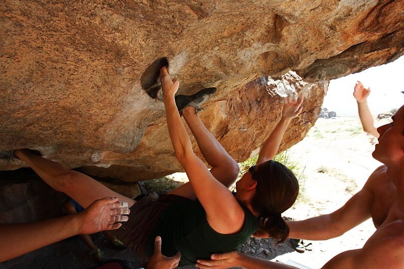 Beth Marek rock climbing on No One Gets Out of Here Alive (V2) in Hueco Tanks State Park and Historic Site during the Hueco Tanks Awesome Fest 2010 trip, Saturday, May 22, 2010.

Filename: SRM_20100522_15144186.JPG
Aperture: f/8.0
Shutter Speed: 1/125
Body: Canon EOS-1D Mark II
Lens: Canon EF 16-35mm f/2.8 L