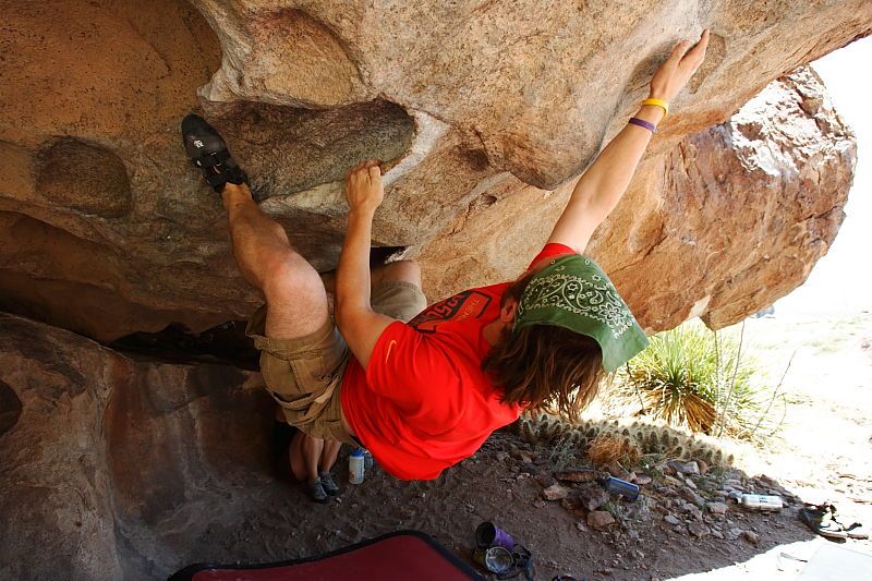 Steve Marek rock climbing on No One Gets Out of Here Alive (V2) in Hueco Tanks State Park and Historic Site during the Hueco Tanks Awesome Fest 2010 trip, Saturday, May 22, 2010.

Filename: SRM_20100522_15182097.JPG
Aperture: f/5.6
Shutter Speed: 1/250
Body: Canon EOS-1D Mark II
Lens: Canon EF 16-35mm f/2.8 L