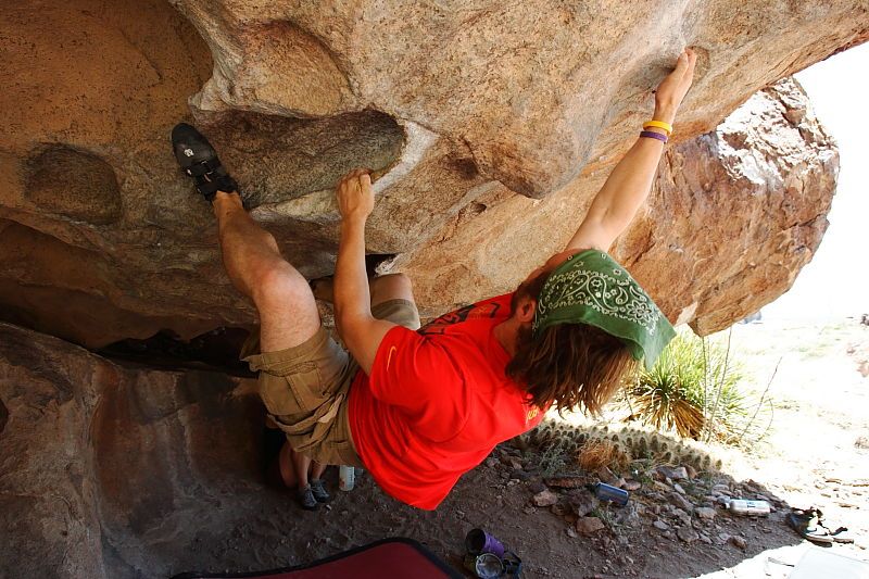 Steve Marek rock climbing on No One Gets Out of Here Alive (V2) in Hueco Tanks State Park and Historic Site during the Hueco Tanks Awesome Fest 2010 trip, Saturday, May 22, 2010.

Filename: SRM_20100522_15182099.JPG
Aperture: f/5.6
Shutter Speed: 1/320
Body: Canon EOS-1D Mark II
Lens: Canon EF 16-35mm f/2.8 L