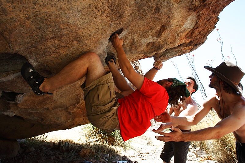 Steve Marek rock climbing on No One Gets Out of Here Alive (V2) in Hueco Tanks State Park and Historic Site during the Hueco Tanks Awesome Fest 2010 trip, Saturday, May 22, 2010.

Filename: SRM_20100522_15183309.JPG
Aperture: f/5.6
Shutter Speed: 1/640
Body: Canon EOS-1D Mark II
Lens: Canon EF 16-35mm f/2.8 L