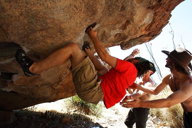 Steve Marek rock climbing on No One Gets Out of Here Alive (V2) in Hueco Tanks State Park and Historic Site during the Hueco Tanks Awesome Fest 2010 trip, Saturday, May 22, 2010.

Filename: SRM_20100522_15183310.JPG
Aperture: f/5.6
Shutter Speed: 1/640
Body: Canon EOS-1D Mark II
Lens: Canon EF 16-35mm f/2.8 L