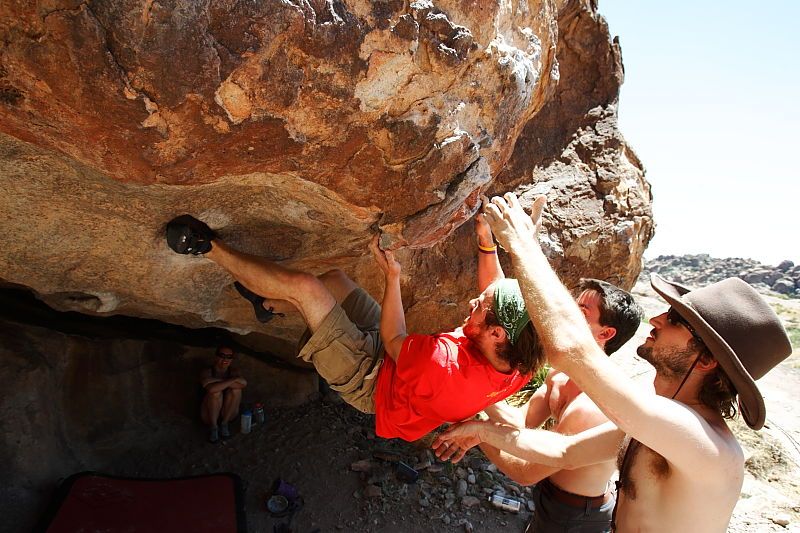 Steve Marek rock climbing on No One Gets Out of Here Alive (V2) in Hueco Tanks State Park and Historic Site during the Hueco Tanks Awesome Fest 2010 trip, Saturday, May 22, 2010.

Filename: SRM_20100522_15184316.JPG
Aperture: f/5.6
Shutter Speed: 1/640
Body: Canon EOS-1D Mark II
Lens: Canon EF 16-35mm f/2.8 L