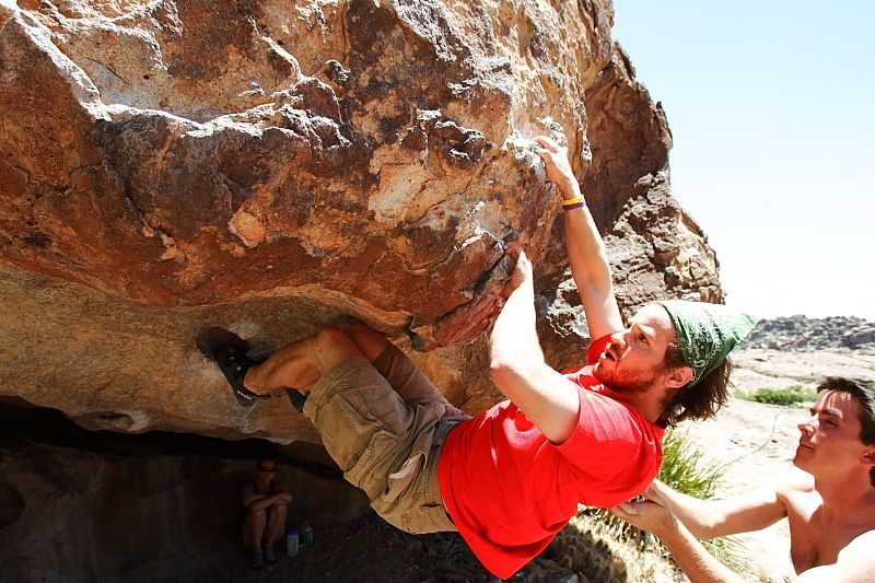 Steve Marek rock climbing on No One Gets Out of Here Alive (V2) in Hueco Tanks State Park and Historic Site during the Hueco Tanks Awesome Fest 2010 trip, Saturday, May 22, 2010.

Filename: SRM_20100522_15185124.JPG
Aperture: f/5.6
Shutter Speed: 1/800
Body: Canon EOS-1D Mark II
Lens: Canon EF 16-35mm f/2.8 L