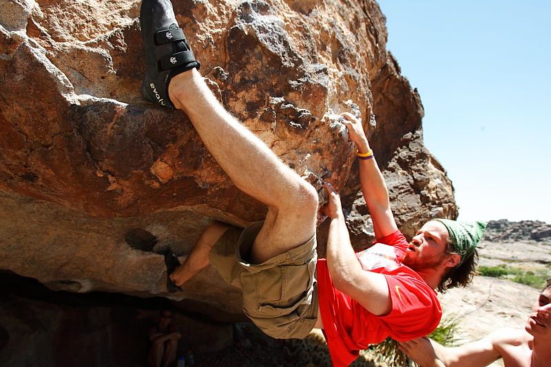 Steve Marek rock climbing on No One Gets Out of Here Alive (V2) in Hueco Tanks State Park and Historic Site during the Hueco Tanks Awesome Fest 2010 trip, Saturday, May 22, 2010.

Filename: SRM_20100522_15185325.JPG
Aperture: f/5.6
Shutter Speed: 1/1000
Body: Canon EOS-1D Mark II
Lens: Canon EF 16-35mm f/2.8 L