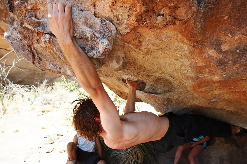 Andrew Dreher rock climbing on No One Gets Out of Here Alive (V2) in Hueco Tanks State Park and Historic Site during the Hueco Tanks Awesome Fest 2010 trip, Saturday, May 22, 2010.

Filename: SRM_20100522_15353820.JPG
Aperture: f/5.6
Shutter Speed: 1/500
Body: Canon EOS-1D Mark II
Lens: Canon EF 16-35mm f/2.8 L