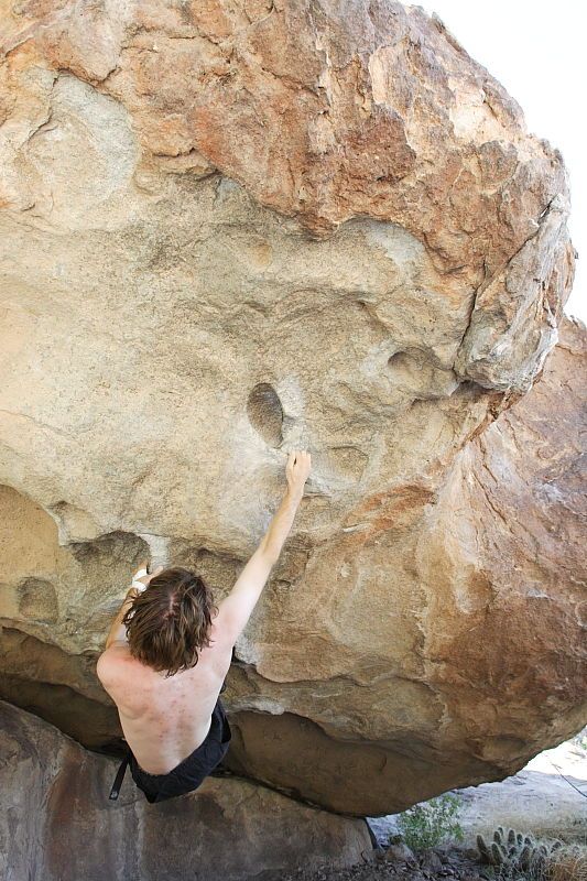 Andrew Dreher rock climbing on No One Gets Out of Here Alive (V2) in Hueco Tanks State Park and Historic Site during the Hueco Tanks Awesome Fest 2010 trip, Sunday, May 23, 2010.

Filename: SRM_20100523_10514532.JPG
Aperture: f/5.6
Shutter Speed: 1/320
Body: Canon EOS-1D Mark II
Lens: Canon EF 16-35mm f/2.8 L