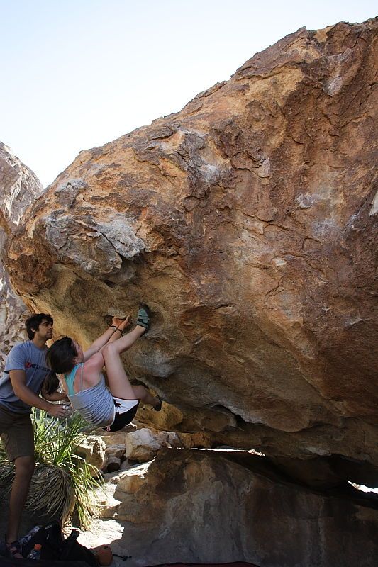 Sarah Williams rock climbing on No One Gets Out of Here Alive (V2) in Hueco Tanks State Park and Historic Site during the Hueco Tanks Awesome Fest 2010 trip, Sunday, May 23, 2010.

Filename: SRM_20100523_11050355.JPG
Aperture: f/5.6
Shutter Speed: 1/500
Body: Canon EOS-1D Mark II
Lens: Canon EF 16-35mm f/2.8 L