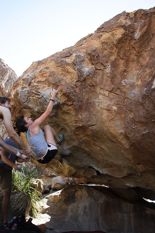 Sarah Williams rock climbing on No One Gets Out of Here Alive (V2) in Hueco Tanks State Park and Historic Site during the Hueco Tanks Awesome Fest 2010 trip, Sunday, May 23, 2010.

Filename: SRM_20100523_11051158.JPG
Aperture: f/5.6
Shutter Speed: 1/500
Body: Canon EOS-1D Mark II
Lens: Canon EF 16-35mm f/2.8 L