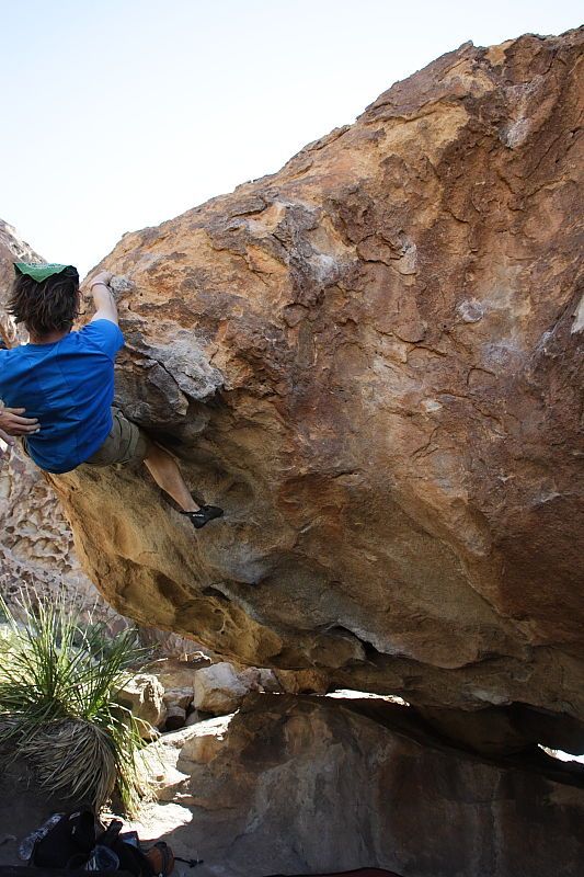 Steve Marek rock climbing on No One Gets Out of Here Alive (V2) in Hueco Tanks State Park and Historic Site during the Hueco Tanks Awesome Fest 2010 trip, Sunday, May 23, 2010.

Filename: SRM_20100523_11112925.JPG
Aperture: f/5.6
Shutter Speed: 1/500
Body: Canon EOS-1D Mark II
Lens: Canon EF 16-35mm f/2.8 L