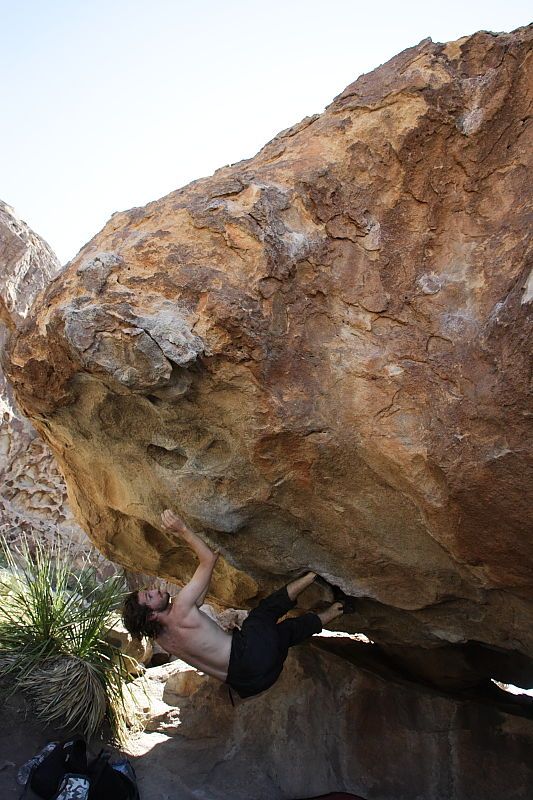 Andrew Dreher rock climbing on No One Gets Out of Here Alive (V2) in Hueco Tanks State Park and Historic Site during the Hueco Tanks Awesome Fest 2010 trip, Sunday, May 23, 2010.

Filename: SRM_20100523_11223378.JPG
Aperture: f/5.6
Shutter Speed: 1/500
Body: Canon EOS-1D Mark II
Lens: Canon EF 16-35mm f/2.8 L