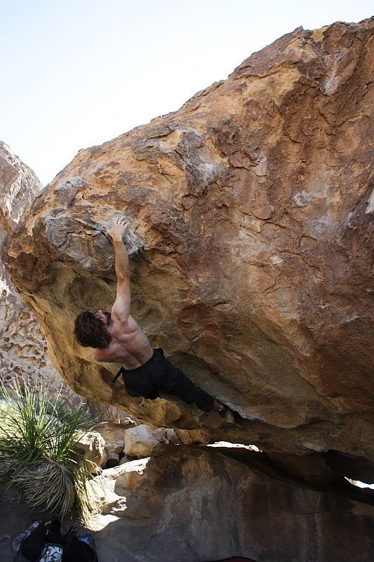 Andrew Dreher rock climbing on No One Gets Out of Here Alive (V2) in Hueco Tanks State Park and Historic Site during the Hueco Tanks Awesome Fest 2010 trip, Sunday, May 23, 2010.

Filename: SRM_20100523_11223985.JPG
Aperture: f/5.6
Shutter Speed: 1/500
Body: Canon EOS-1D Mark II
Lens: Canon EF 16-35mm f/2.8 L