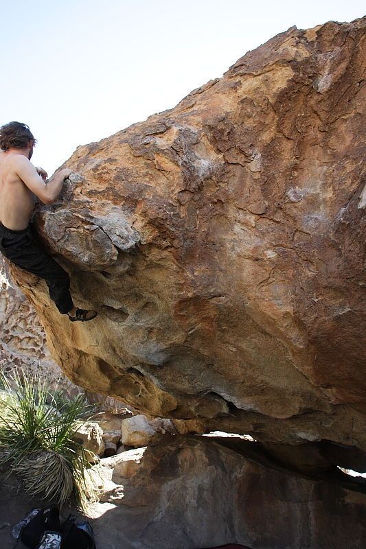 Andrew Dreher rock climbing on No One Gets Out of Here Alive (V2) in Hueco Tanks State Park and Historic Site during the Hueco Tanks Awesome Fest 2010 trip, Sunday, May 23, 2010.

Filename: SRM_20100523_11225694.JPG
Aperture: f/5.6
Shutter Speed: 1/500
Body: Canon EOS-1D Mark II
Lens: Canon EF 16-35mm f/2.8 L