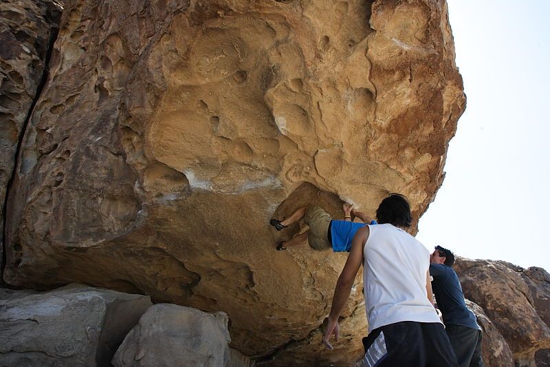 Steve Marek rock climbing in Hueco Tanks State Park and Historic Site during the Hueco Tanks Awesome Fest 2010 trip, Sunday, May 23, 2010.

Filename: SRM_20100523_11580474.JPG
Aperture: f/8.0
Shutter Speed: 1/500
Body: Canon EOS-1D Mark II
Lens: Canon EF 16-35mm f/2.8 L