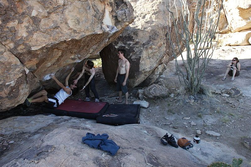 Javier Morales rock climbing in Hueco Tanks State Park and Historic Site during the Hueco Tanks Awesome Fest 2010 trip, Sunday, May 23, 2010.

Filename: SRM_20100523_19050646.JPG
Aperture: f/5.6
Shutter Speed: 1/250
Body: Canon EOS-1D Mark II
Lens: Canon EF 16-35mm f/2.8 L