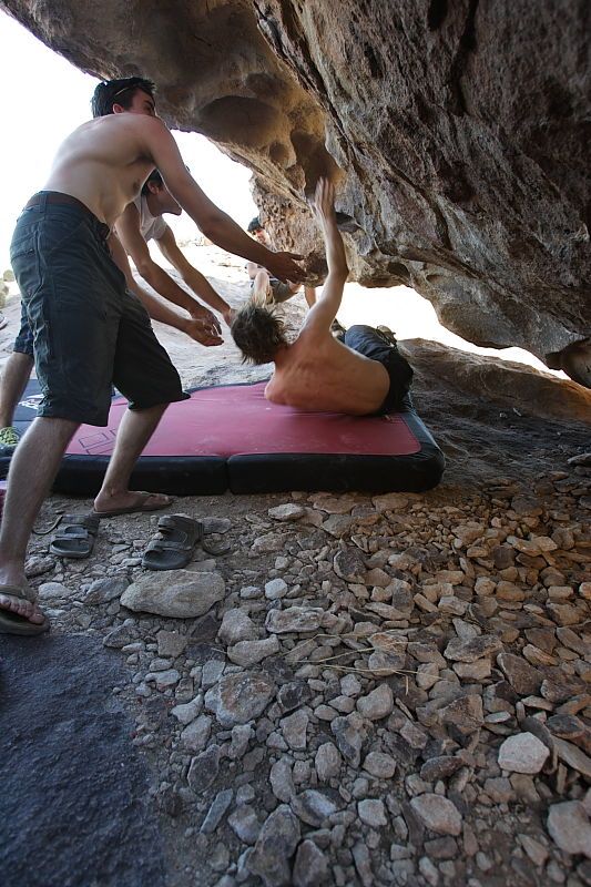 Andrew Dreher rock climbing in Hueco Tanks State Park and Historic Site during the Hueco Tanks Awesome Fest 2010 trip, Sunday, May 23, 2010.

Filename: SRM_20100523_19093367.JPG
Aperture: f/4.0
Shutter Speed: 1/125
Body: Canon EOS-1D Mark II
Lens: Canon EF 16-35mm f/2.8 L