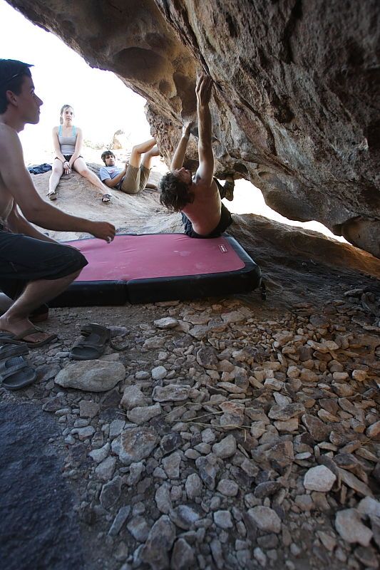 Andrew Dreher rock climbing in Hueco Tanks State Park and Historic Site during the Hueco Tanks Awesome Fest 2010 trip, Sunday, May 23, 2010.

Filename: SRM_20100523_19113471.JPG
Aperture: f/4.0
Shutter Speed: 1/125
Body: Canon EOS-1D Mark II
Lens: Canon EF 16-35mm f/2.8 L