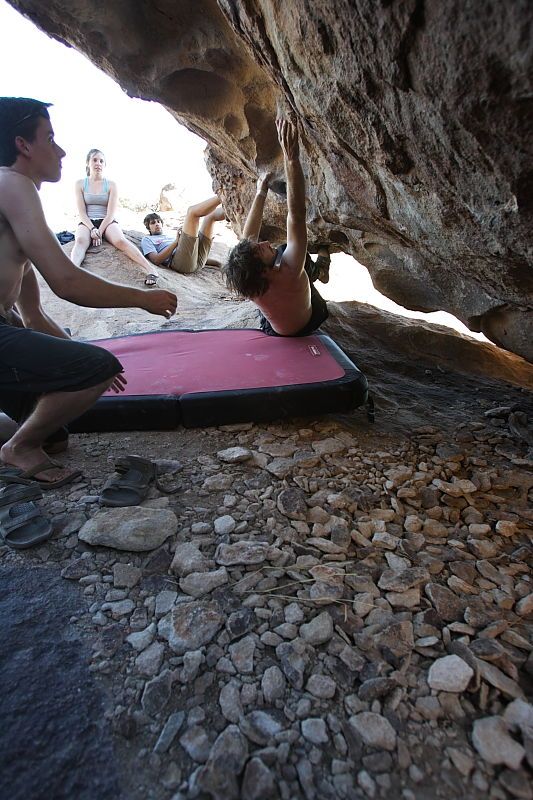 Andrew Dreher rock climbing in Hueco Tanks State Park and Historic Site during the Hueco Tanks Awesome Fest 2010 trip, Sunday, May 23, 2010.

Filename: SRM_20100523_19113472.JPG
Aperture: f/4.0
Shutter Speed: 1/125
Body: Canon EOS-1D Mark II
Lens: Canon EF 16-35mm f/2.8 L