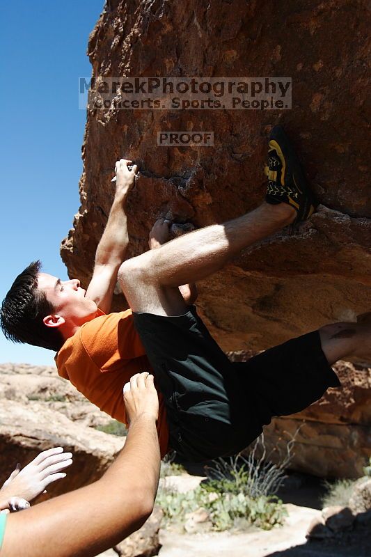 Raanan Robertson rock climbing on Mexican Chicken (V6) in Hueco Tanks State Park and Historic Site during the Hueco Tanks Awesome Fest 2010 trip, Monday, May 24, 2010.

Filename: SRM_20100524_12250128.JPG
Aperture: f/4.0
Shutter Speed: 1/5000
Body: Canon EOS-1D Mark II
Lens: Canon EF 16-35mm f/2.8 L