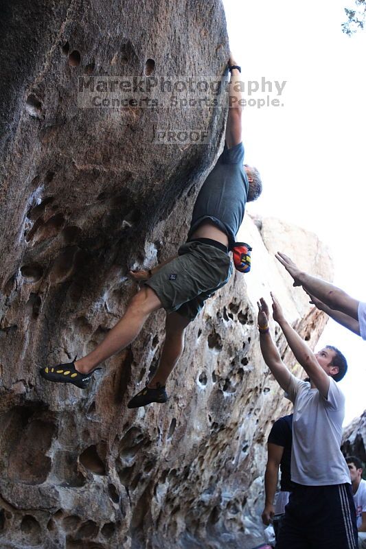 Rock climbing in Hueco Tanks State Park and Historic Site during the Hueco Tanks Awesome Fest 2.0 trip, Sunday, September 05, 2010.

Filename: SRM_20100905_18125475.JPG
Aperture: f/2.8
Shutter Speed: 1/500
Body: Canon EOS 20D
Lens: Canon EF 16-35mm f/2.8 L